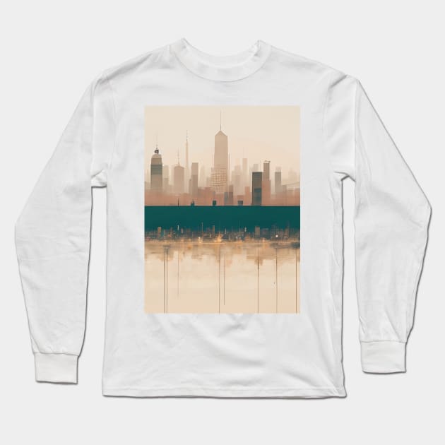 Modern Teal Beige Abstract Minimalist City Cityscape Skyline Long Sleeve T-Shirt by Tina